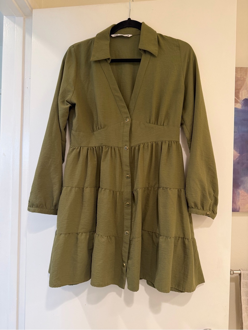 Zara Olive Tiered Button-Front Long Sleeve Dress